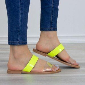 Neon Yellow Clear Transpare Strap Flat  Sandals